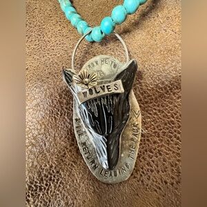 Handmade Western Metal and Turquoise Wolf Pendant Necklace by Harley & Maude’s